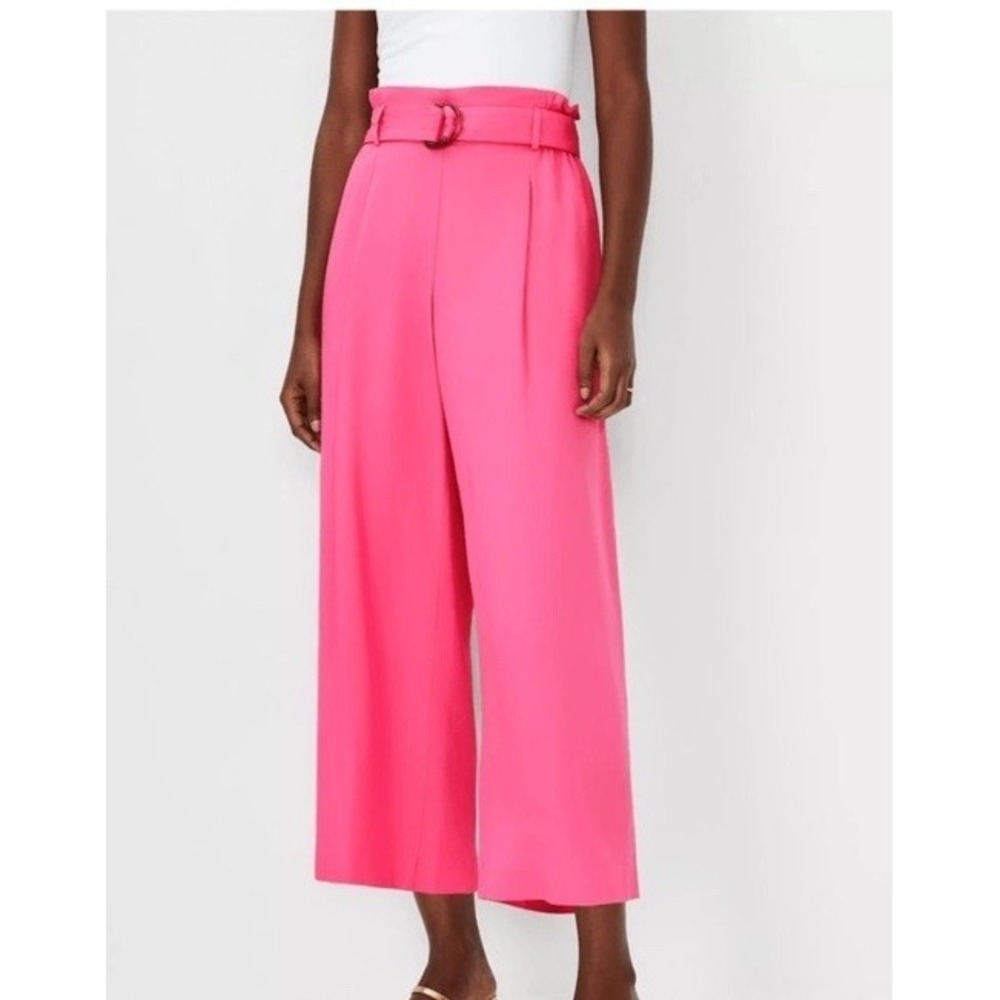 ANN TAYLOR PINK TIE WAIST WIDE ANKLE PANTS Crop XL Elastic Paper bag Palazzo Nwt